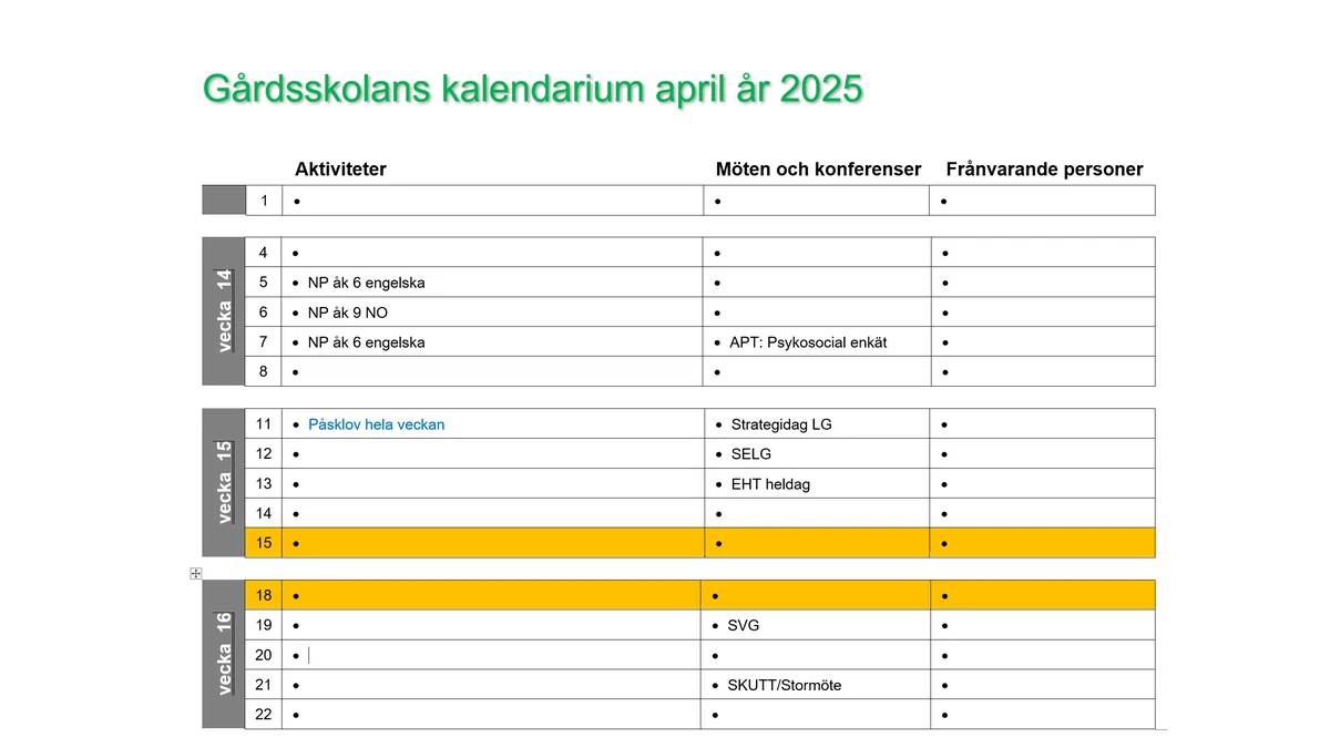 Skärmbild av Kalendarium