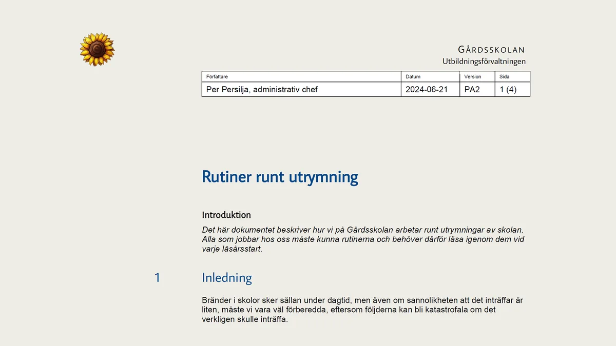 Skärmbild av Utrymningsrutiner