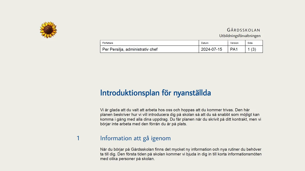 Skärmbild av Ny medarbetare, introplan