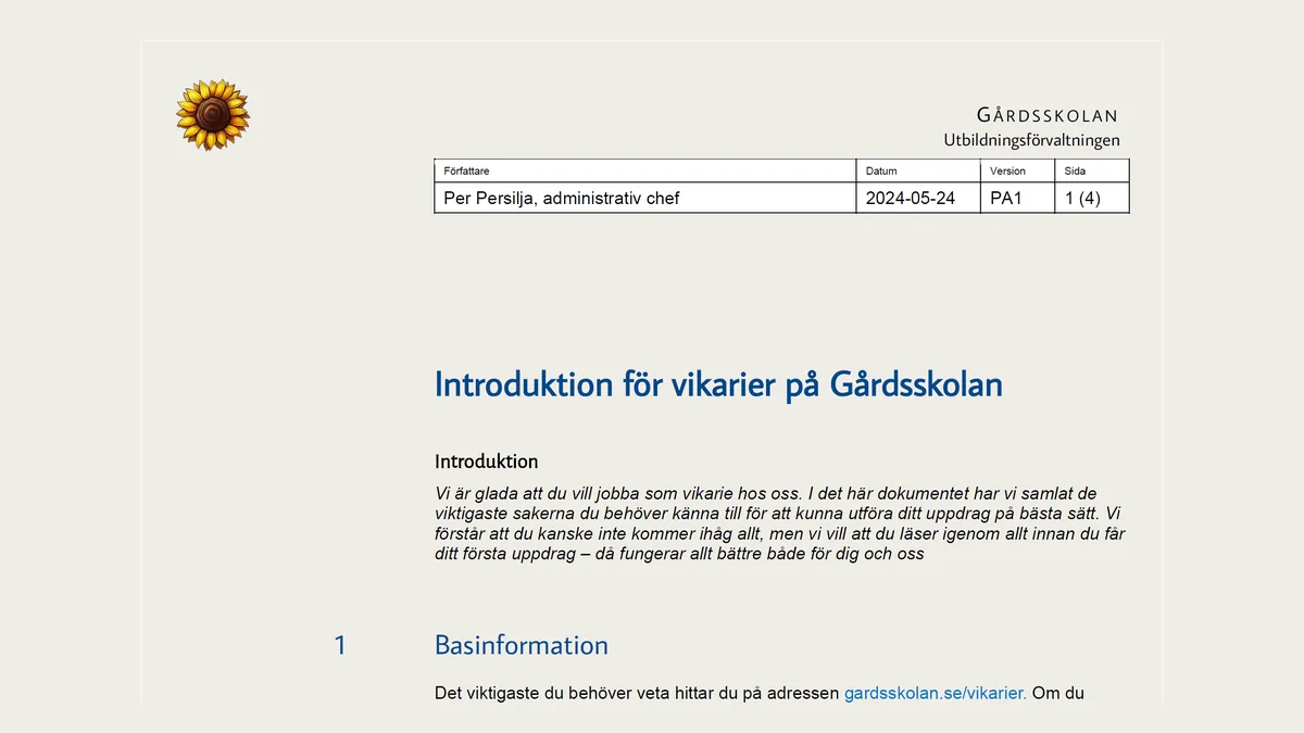 Skärmbild av Vikarieintro